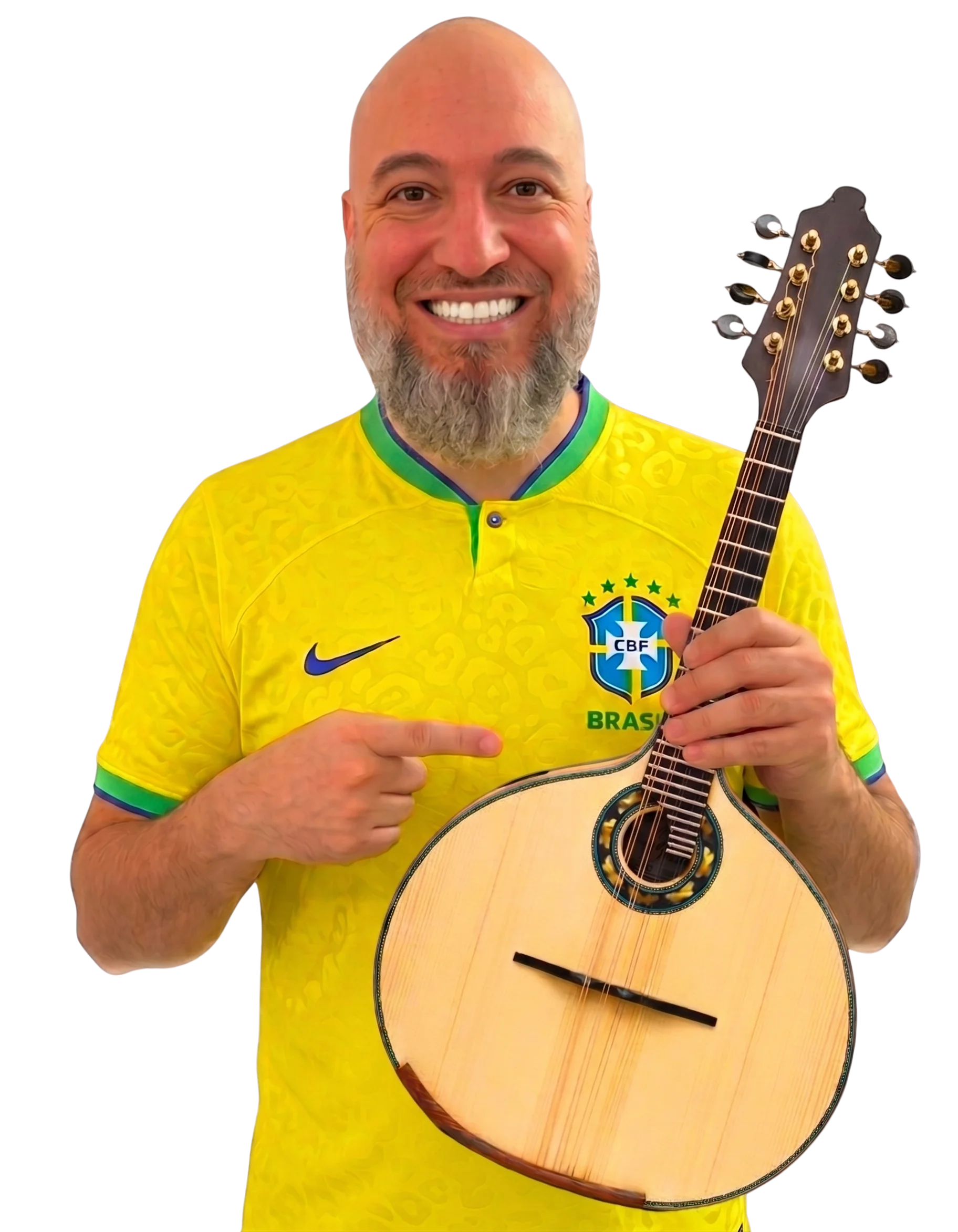 Rafael Ferrari com cavaquinho e camisa da seleção